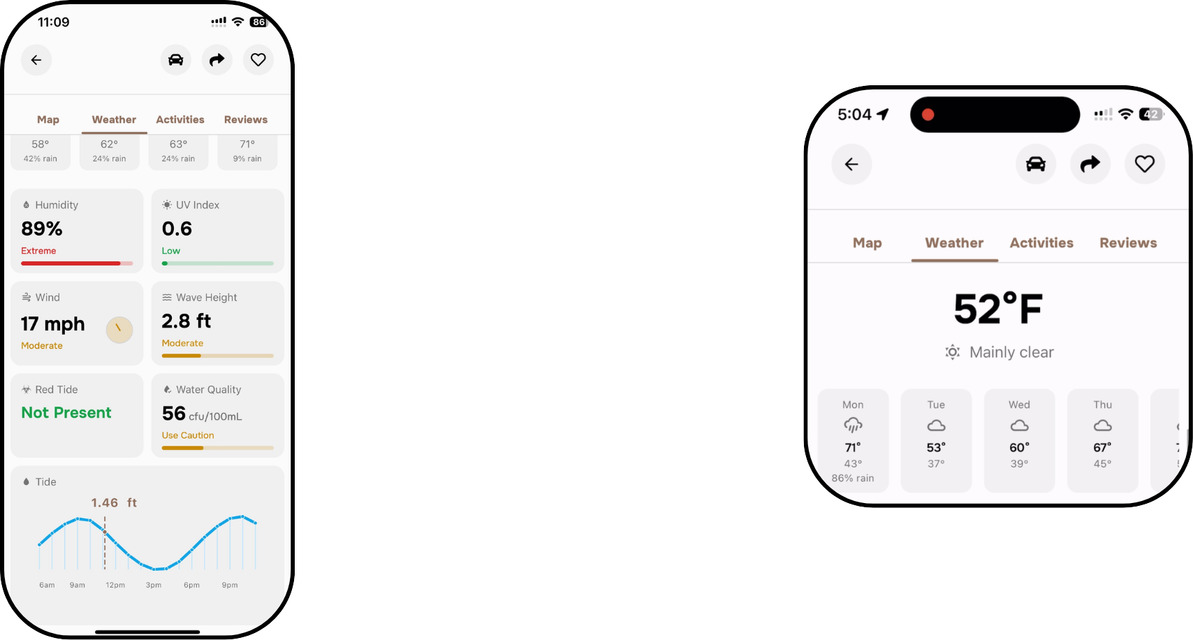 BeachLens weather conditions screen